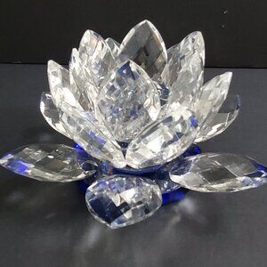 Exquisite Crystal Lotus Flower Candle Holder Cobalt Blue Base Faceted Petals